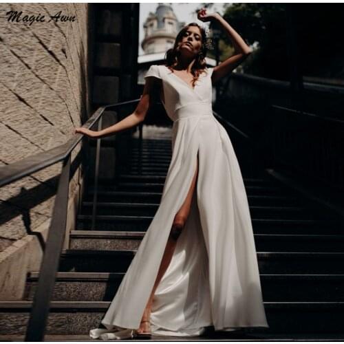 Magic Awn Sexy Satin Wedding Dresses Boho Side Split V-Neck Short Sleeve Corset Back A-Line Country Mariage Gowns Robe De Mariee