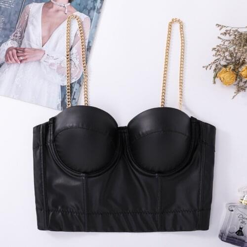 2020 New Women Camisole Top Gold Chain Shoulder Strap Solid Color Sexy PU Leather Crop Top Bustier Bra Night Club Party Tank Top