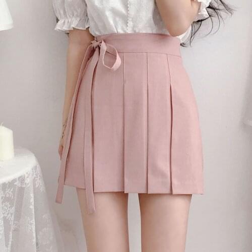 LJSXLS New Pink Bow Lace Up A-Line Summer Mini Skirt Korean Style Empire Pleating Skirts Womens Solid Folds Woman Clothing 2021