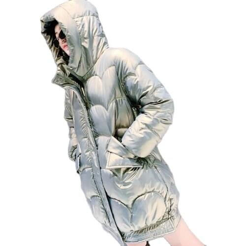 Women Winter Hooded Wave Cut Windproof Midi Glossy Bubble Coat Puffer Jacket Cotton Padded Parkas Outwear Overcoat