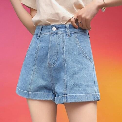 Womens Khaki Denim Shorts Summer 2019 White Short Jeans Cotton Women High Waist Classic Wide Leg Shorts Denim Short Femme