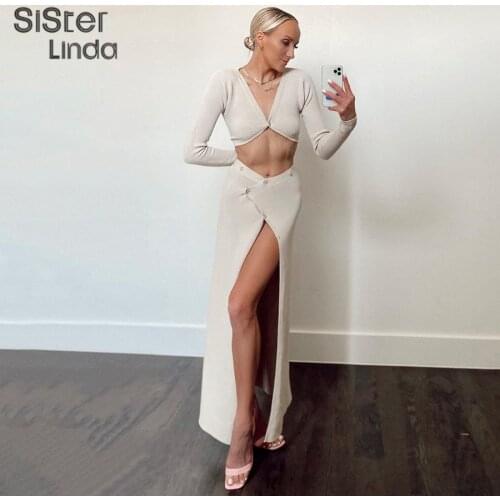 Sisterlinda Summer Rib Elegant 2 Pieces Set Women Sexy V Neck Full Sleeve Button Top+Split Maxi Skirt Matching Tracksuit Outfits