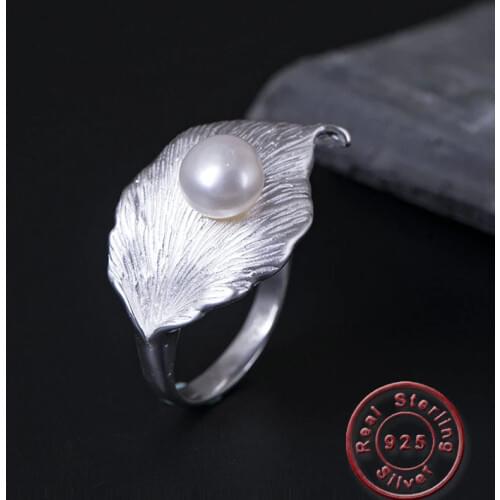 Amxiu Freshwater Pearl Ring 925 Sterling Silver Jewelry Large Leave Open Rings for Women Girls Wedding Valentines Day Gift Anel