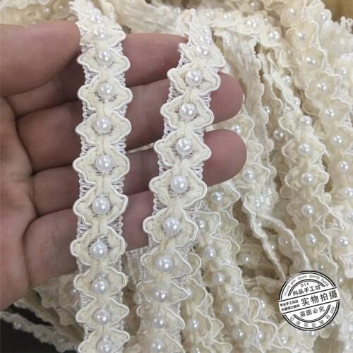 1Yard Vintage Beige Pearl Beaded Embroidered Lace Ribbon Trim African Lace Fabric Handmade Costume Dress Sewing Supplies