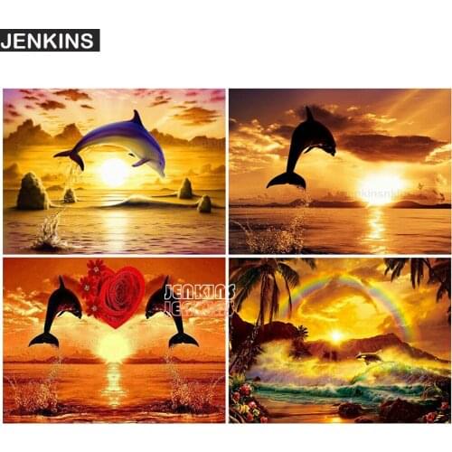 5D DIY Diamond Painting Dolphin Sunrise Sunset Beach Decorative Canvas Paintings Home Wall Decor Personalized Puzzles Gift JENKI