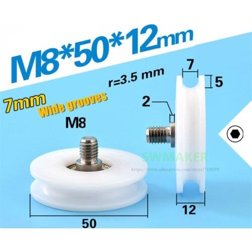 8*50*12mm M8*50*12mm M6*50*12mm U groove M8 screw M6 thread roller guide wheel, 50mm diameter, POM wide slot 7mm