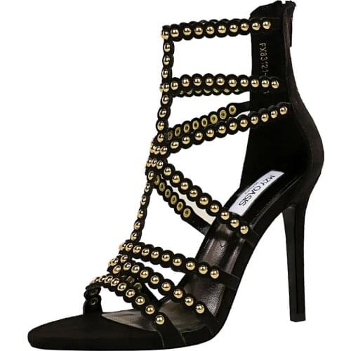 Women Stripper Sandals Ankle Boots 11cm High Heels Lace Up Gladiator Gladiator Peep Toe Summer Metal Rivets Shoes