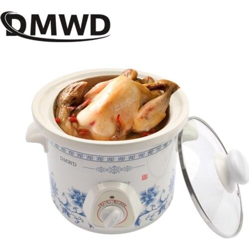 DMWD Household Electric Mini Slow Cooker 140W Mechanical Timer Stewing Soup Porridge Pot Ceramic Linner Food Cooking Maker 1.5L
