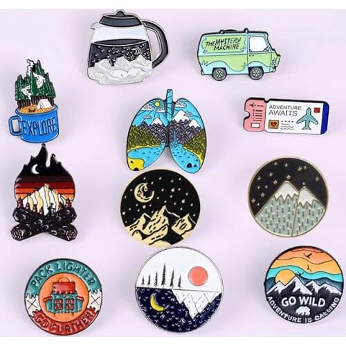 Outdoors Adventure Enamel Pins Wild Hiking Travel Brooches Collection Mountain Camping Firewood Explore Nature Badges Wholesale