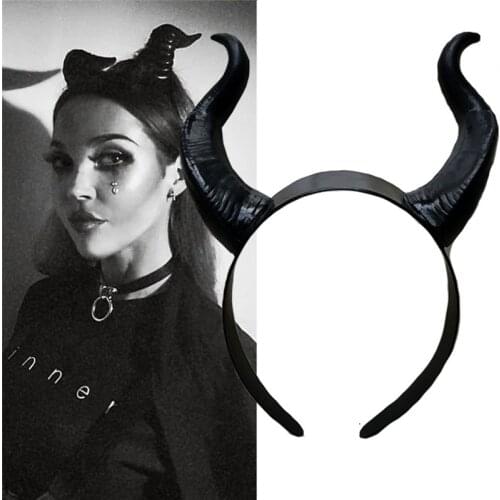 Top Cheap Maleficent Witch Horns Headwear Headgear Party Black Queen Adult Women Halloween Party Costume Props