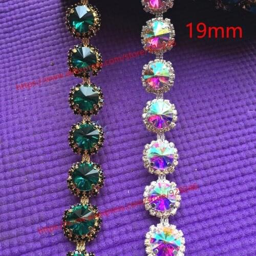 1.9cm AB crystal flower trims for dancing costumes ornaments peacock green glass rhinestone gold chain for garments DIY stones