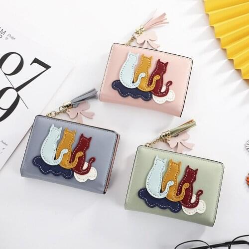 Korean Cute Cat Fashion Women Wallets Lady Small Coin Purse Female PU Leather Multifunction Cards Holder Simple Folding Clutch