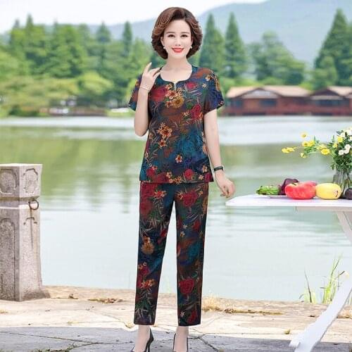 Womens Tracksuit Floral Print 2 Pcs with Pants Short Sleeve Ladies Casual Suit Spring Summer Clothing for Female