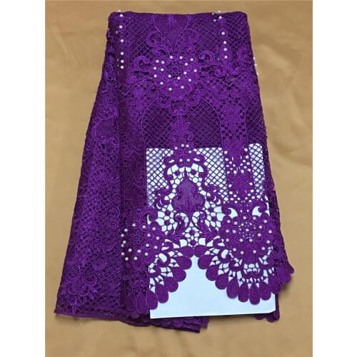 2017 Latest design purple african guipure lace fabric with white beads high quality nigerian cord lace fabric for wedding
