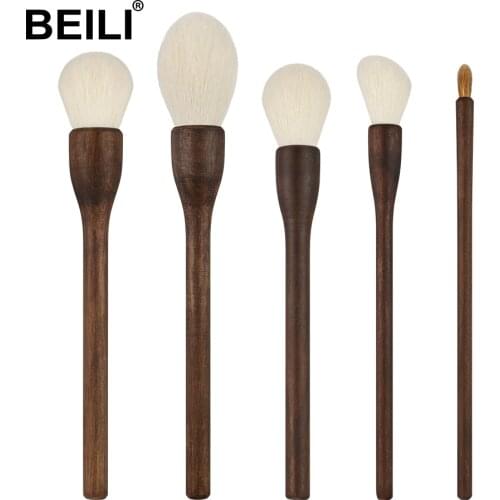 BEILI Precious High quality Goat hair Weasel hair Foundation Powder Blusher Contour walnut Makeup Brushes set 5 Pcs
