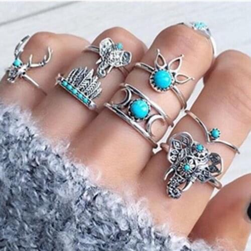 7 Pcs/Set Vintage Elephant Moon Gemstone Rings Set Fashion Silver Color Geometric Flowers Leaf Rings for Women Jewelry