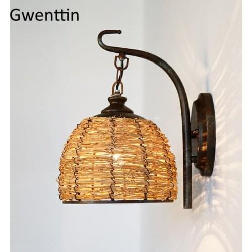 Southeast Asia Hemp Rattan Wall Lamp Vintage Wall Lights for Home Lighting Art Deco Iron Sconce Bedroom Bathroom Light Fixtures