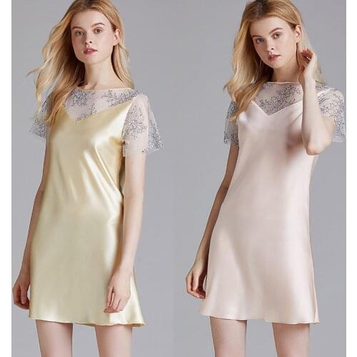 Daeyard Women Luxury Sleepshirt Silk Mini Nightgown Sexy Lace Summer Dress Mesh Embroidery Nightshirts Sleepwear Casual Homewear