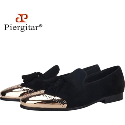 Piergitar New Summer Style Black Cow Sude Tassel Mens Loafers Handmade Toe Metal Buckle Men Casual Shoes Plus Size Moccasin