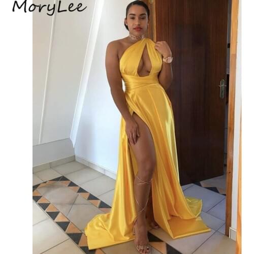 Prom Dresses Yellow One Shoulder Side Slit Silk Satin Pleated Prom Dresses With Zipper Back vestidos de fiesta de noche