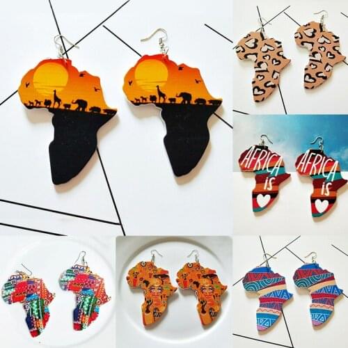 Tribal Handmade African map Wooden Earrings Colorful Painting Vintage Earrings Bohemia Ear Jewelry Party Accessory