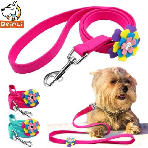 Soft Suede Leather Dog Leash Floral Rhinestone Puppy Walking Leads For Small Pets Cats Chihuahau Yorkshire Rose Blue