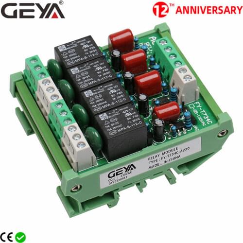 Free Shipping GEYA 4 Channel Relay Module 1 SPDT DIN Rail Mount 12V 24V DC/AC Interface Relay Module for PLC
