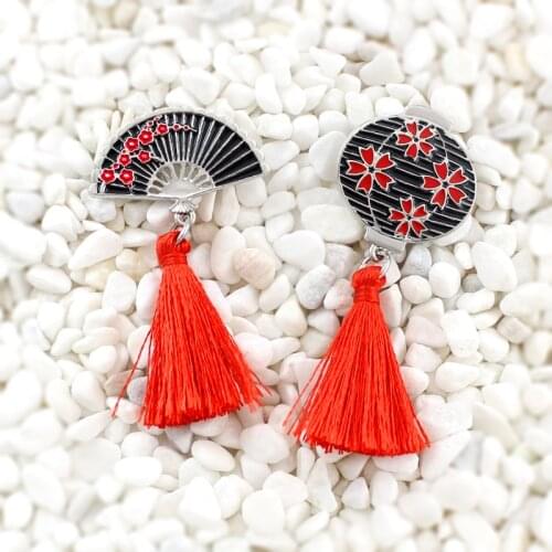 Chinese style Retro Sakura pin lantern Hand fan Red long tassel brooch Elegant ladies accessories Personality creative badge