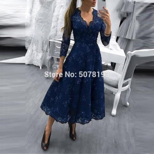 72710 V-neck three-quarter natural A-line tea-length lace Evening dresses/Gowns 2019 zipper back& beaded free shipping