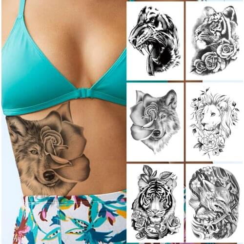 Wolf Rose Temporary Tattoo For Women Men Adult Kids Flower Fake Tiger Fox Tattoos Sticker Demon Lion Sexy Black 3D Tatoos Paper