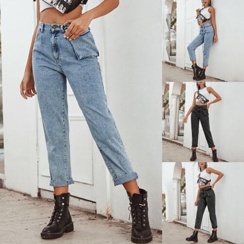 High waisted womens jeans on the street, solid color showing thin straight pants with pocket pantalon femme SAGACE