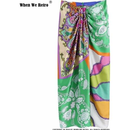 Women Vintage Cloth Patchwork Floral Print Knotted Sarong Skirt Faldas Mujer Female Back Zipper Vestidos Skirts VD2114