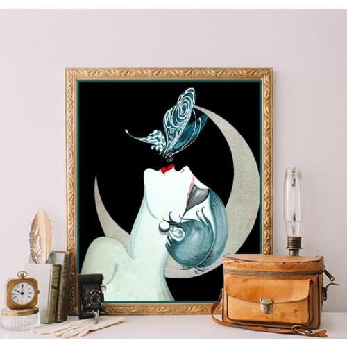 Woman Crescent Moon Altered Art Prints 1920s Vintage Fashion Poster Butterfly Abstract Wall Art Canvas Painting Retro Decor