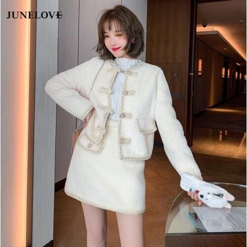 JuneLove Women Heavy Industries Knitted Lace Beaded Button Woolen Tweed Jacket + Hip Slim Half Skirt Set Office Lady Autumn Suit
