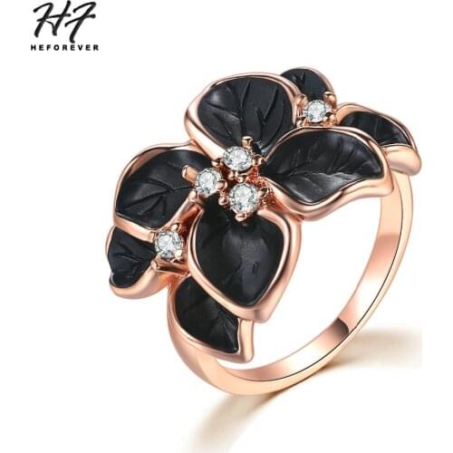 HEFOREVER Sweety Black Oil Leaf Flower Rings For Women Cubic Zirconi Rose Gold Silver Color Xmas gift Fashion Jewelry R678 R679