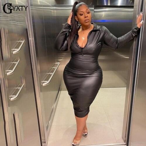GBYXTY Plus Size 4XL Autumn Winter Black PU Leather Ruched Midi Dress for Women Long Sleeve Bodycon Faux Leather Dress ZL1292