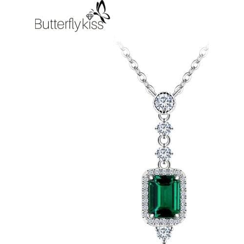 BK Luxury Rectangle Emerald With Moissanite Pendant Necklace For Women Real 925 Sterling Silver Green Gems Engagement Jewelry