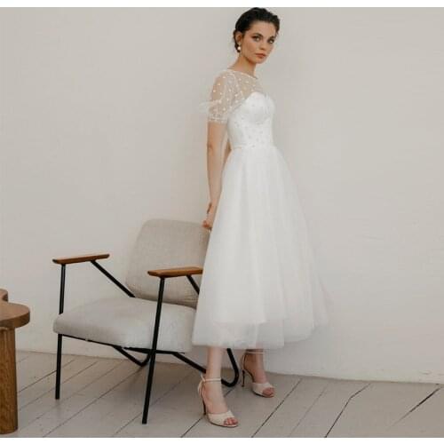 Boho Tea-Length Short Wedding Dresses Tulle Polka Dots Puffy Sleeves Illusion Simple Beach A-Line Bridal Gowns Vestidos De Novia