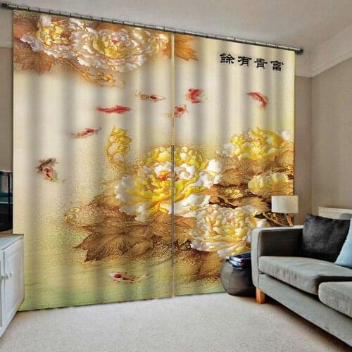 Golden curtains flower fish curtain Luxury Blackout 3D Window Curtains For Living Room Blackout curtain