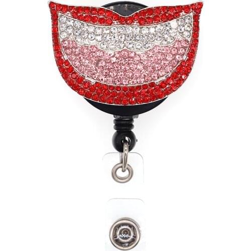 10 pcs/lot Free Shipping Lips Rhinestone Retractable Id Badge Holder