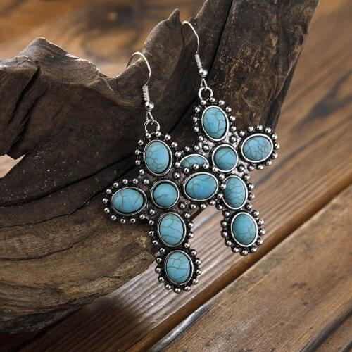 2020 Wholesale Bohemian Cross Design Beads Turquoises Stone Earring Tribal Jewelry Vintage Large Statement Earrings