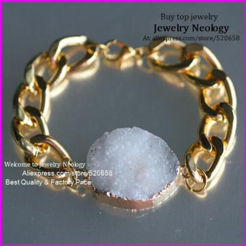 Free ship! 6pcs/lot Gold and Silver chunky chain with white druzy stone bracelet