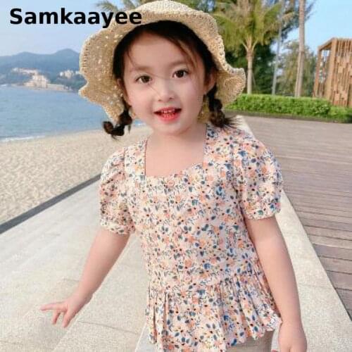 3-11y Children Shirts Summer Kids Girls Blouses Cotton Puff Short-Sleeved Clothes O-Neck Floral Casual Tops Princess Clothing 25