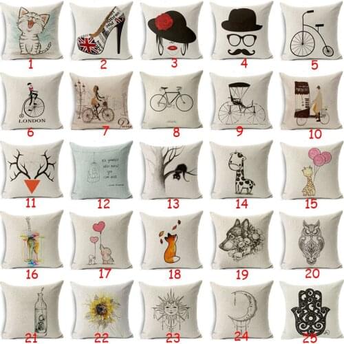 Cartoon Fox Cushion Cover Cotton Linen Bike Giraffe Wolf Moon Owl Character Home Deocrative Pillow Cover for Sofa Cojines