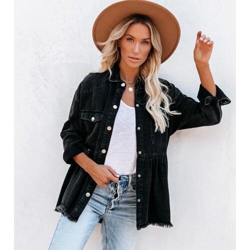 Tassel Black Denim Jacket Women Gothic Clothes Boyfriend Breasted Short Jacket Color Coat Long Sleeve Black Raw Edges Denim Coat