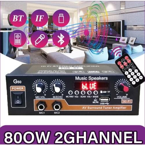 G50 Bluetooth-compatible 5.0 Power Amplifier Digital Car/Home Amplifier HiFi Subwoofer Music Speakers Bass Control FM USB SD