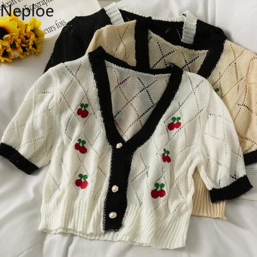 Neploe Cardigan Women Cherry Embroidery Knitted Cropped Sweater Loose Vintage Coat Summer Thin Hollow Out Plaid Tops Mujer 95654