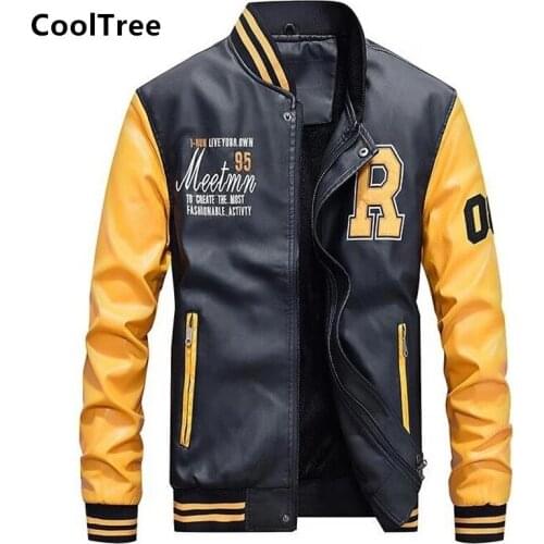 CoolTree Men Leather Jacket Autumn Winter Solid color Stand collar Warm PU Baseball Coat Male Slim Embroidery Leather Outerwear