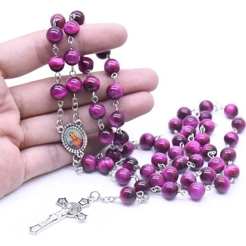 Natural Stone Rosary Beads Necklace Our Lady of Grace Guadalupe Cross Pendant Necklace for Women Religious Prayer Jewelry Gifts