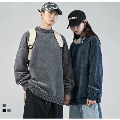 New Cotton Hip Hop Men Sweater Pullover Pull Homme Solid Color Embroidery Knitted Vintage Korean Fashions Loose Streetwear Tops